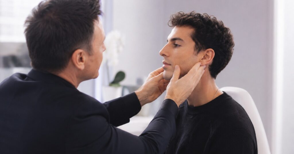 Médico valorando el perfil facial y la mandíbula de un paciente durante una consulta de masculinización facial