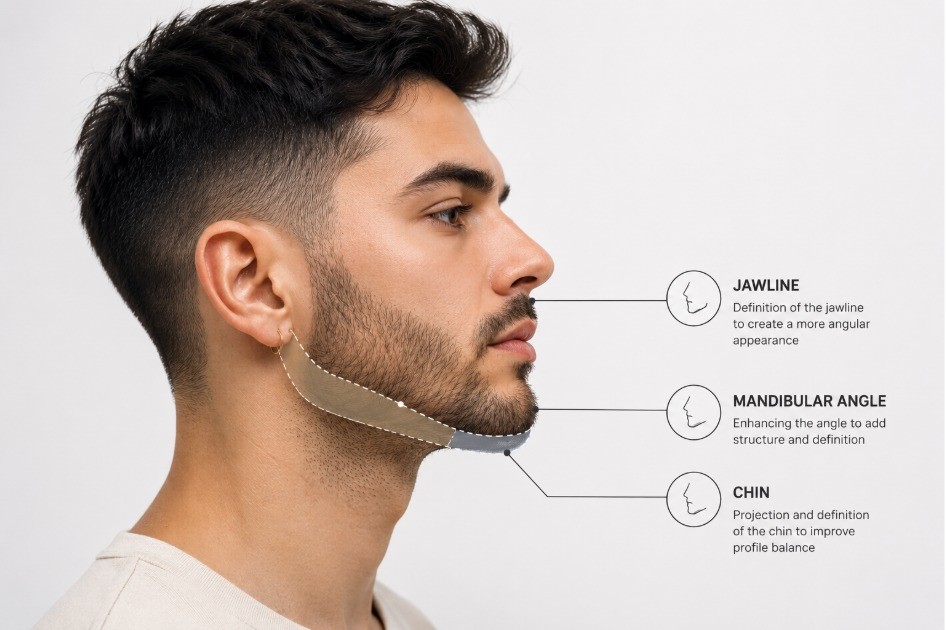 Medical illustration showing the jawline, mandibular angle and chin areas commonly assessed during non-surgical facial masculinization.