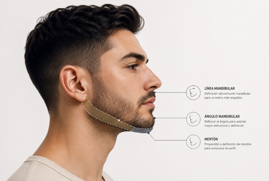 Ilustración de las zonas que pueden tratarse en una masculinización facial sin cirugía: mandíbula, ángulo mandibular y mentón.