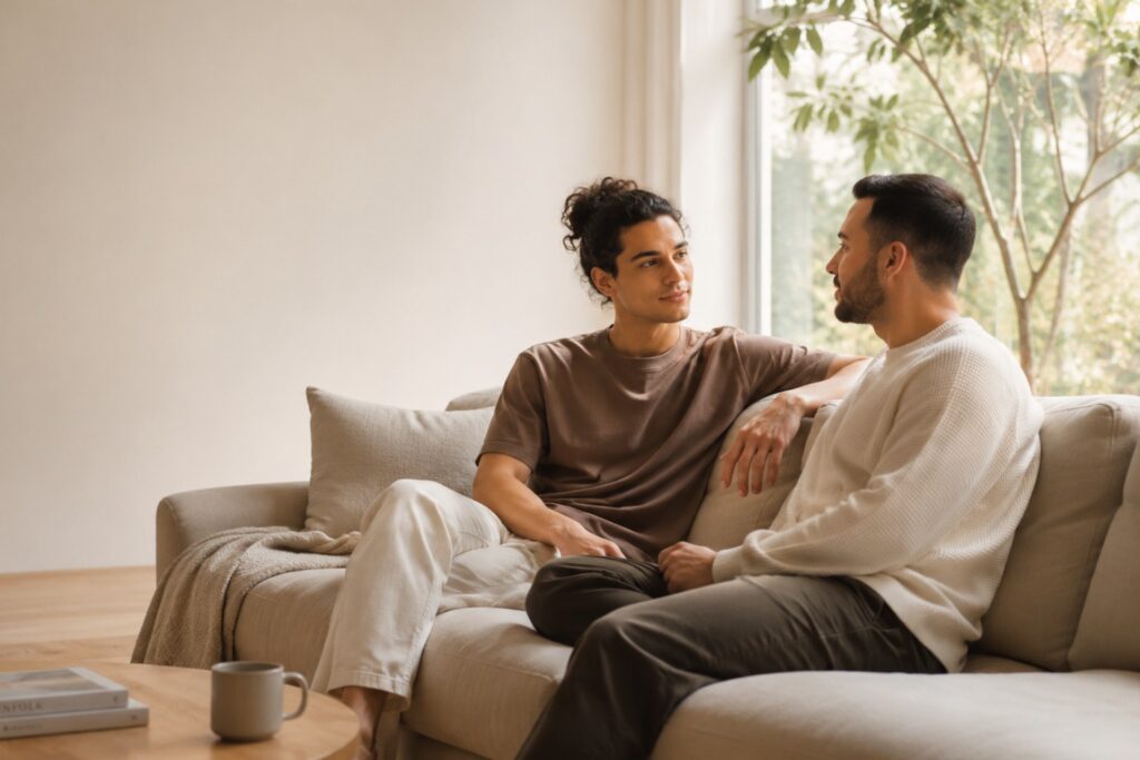 Pareja conversando en casa sobre una cirugía de afirmación de género en un ambiente tranquilo y de apoyo mutuo.